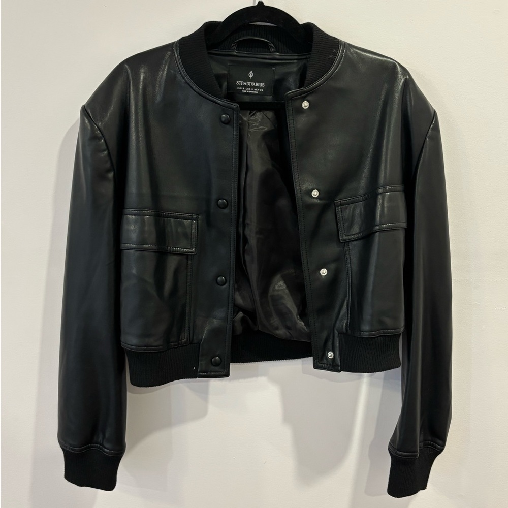 stradivarius faux leather bomber jacket size small